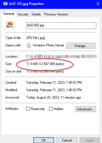 using windows explorer to check the file size