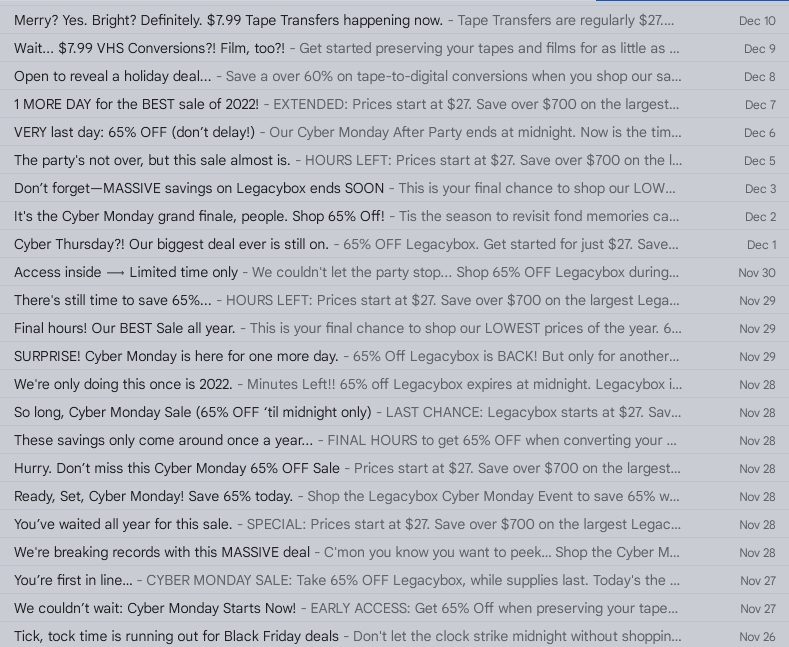 Every day is a sale day at legacy box