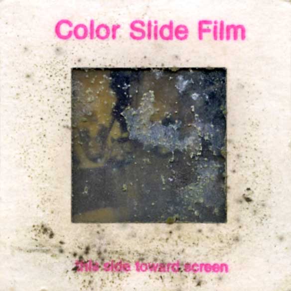 Severely mold-damaged 35mm slide showing heavy fungal growth across the entire film surface and mount — the emulsion is largely destroyed