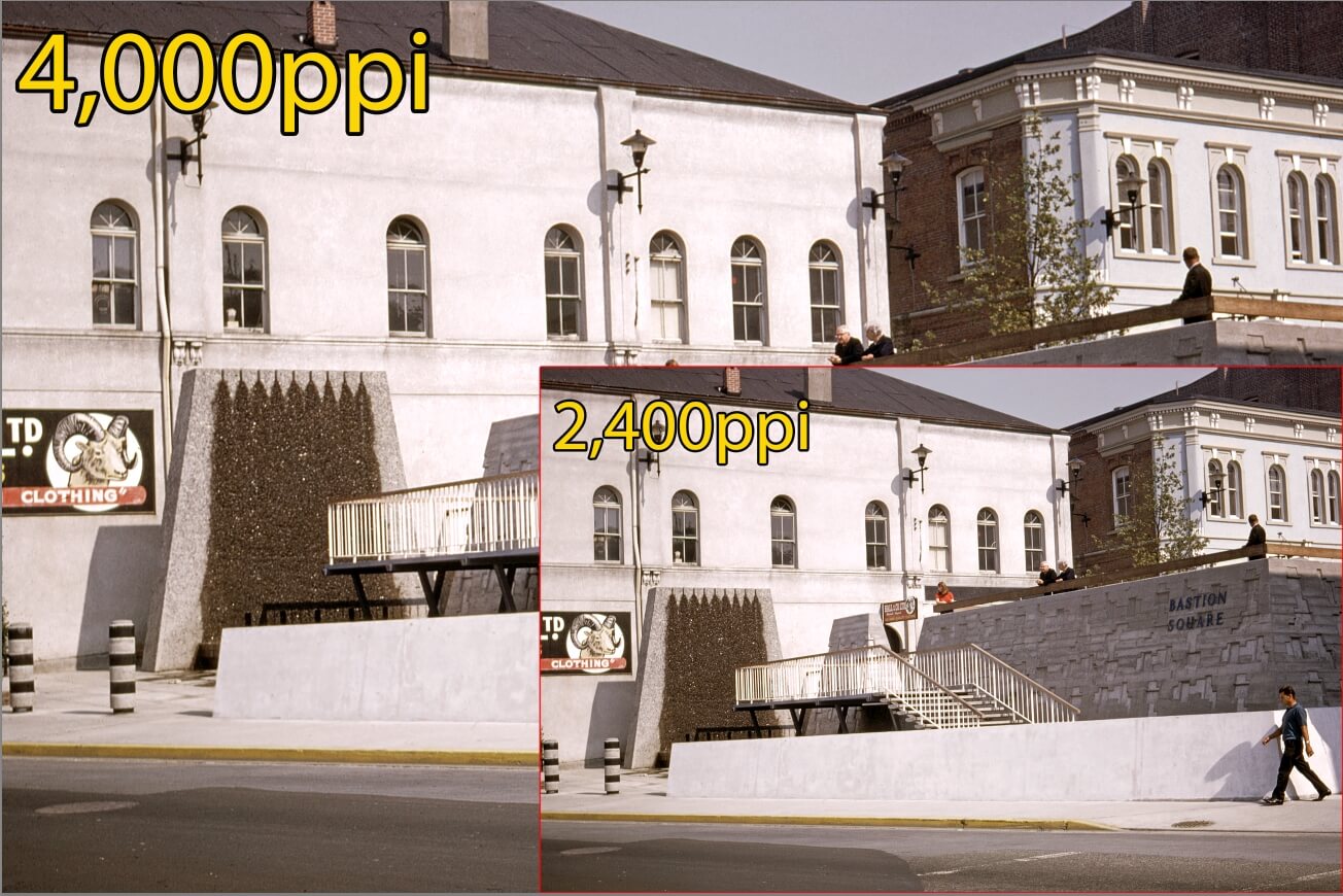 Side by side comparison of a slide scanned at 4,000 ppi versus 2,400 ppi showing the difference in detail and sharpness