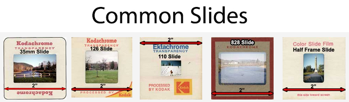 Common slide formats: 35mm, 126, 828, 110, Half-frame